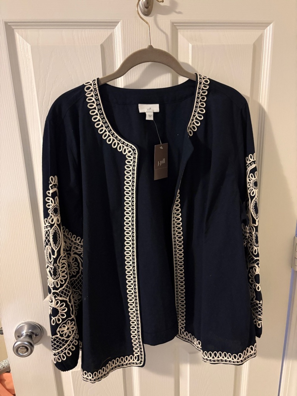 J. Jill Embroidered Open Front Navy/Multi Linen Jacket